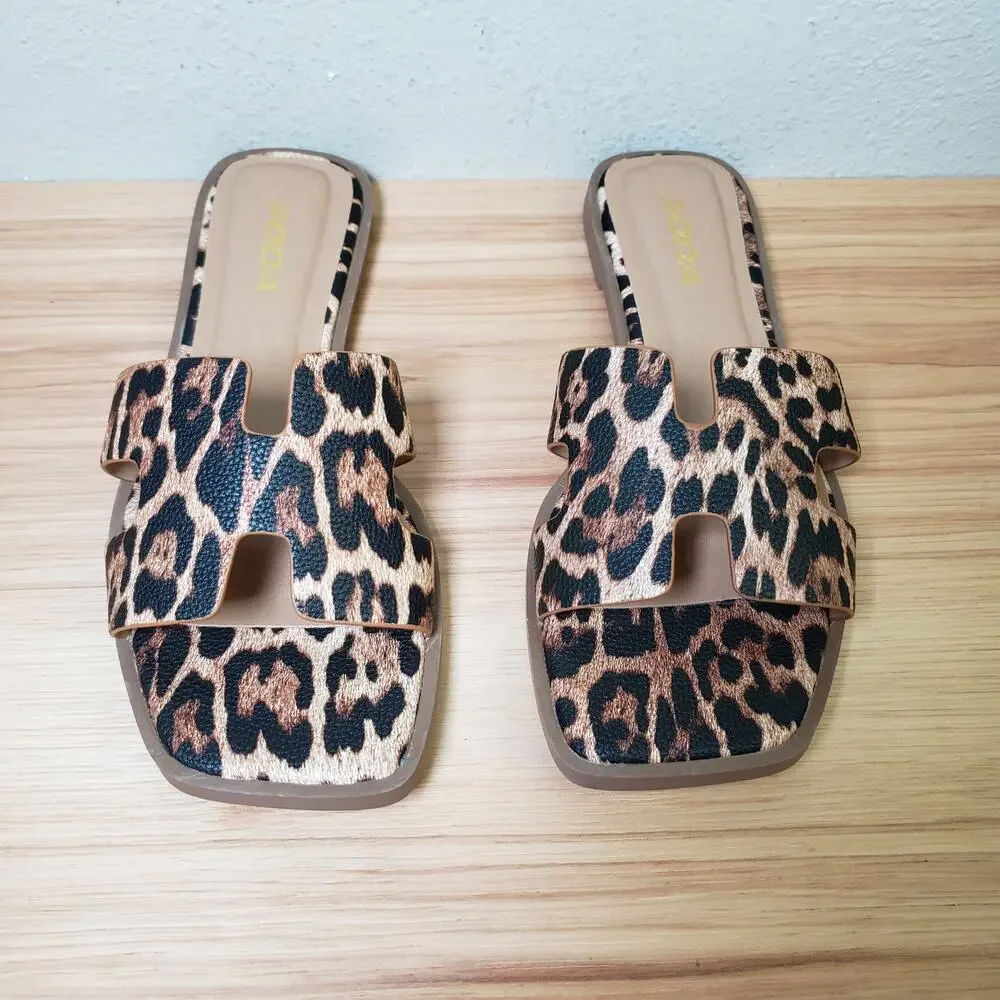 Soda Women's Sz 8 Leopard Print H Cutout Slide Sandal Black Tan Animal Print NEW